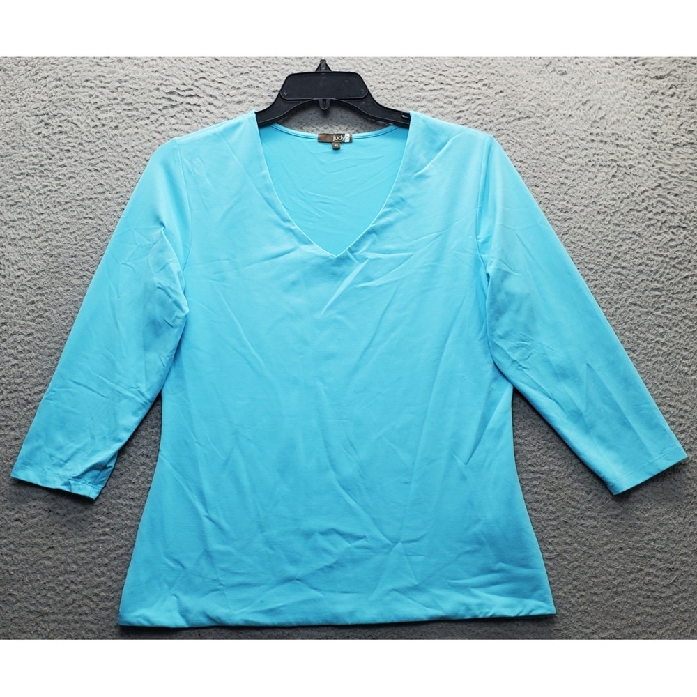 Judy P Shirt Top Womens XL Blue Knit 3/4 Sleeve V-Neck Stretch Pullover USA Made
